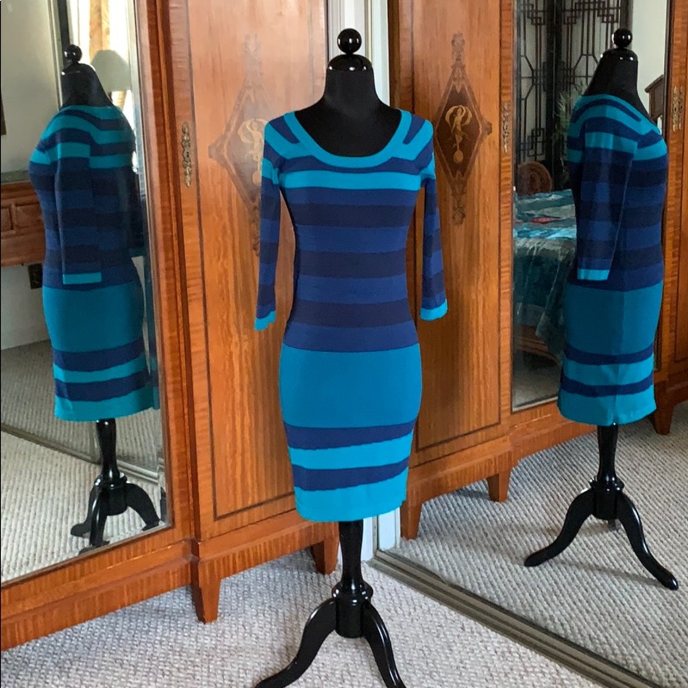 Navy Blue and Teal Green Striped Body Con Dress